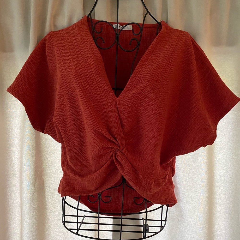 ZARA Cropped Cross Over Burnt Orange Blouse